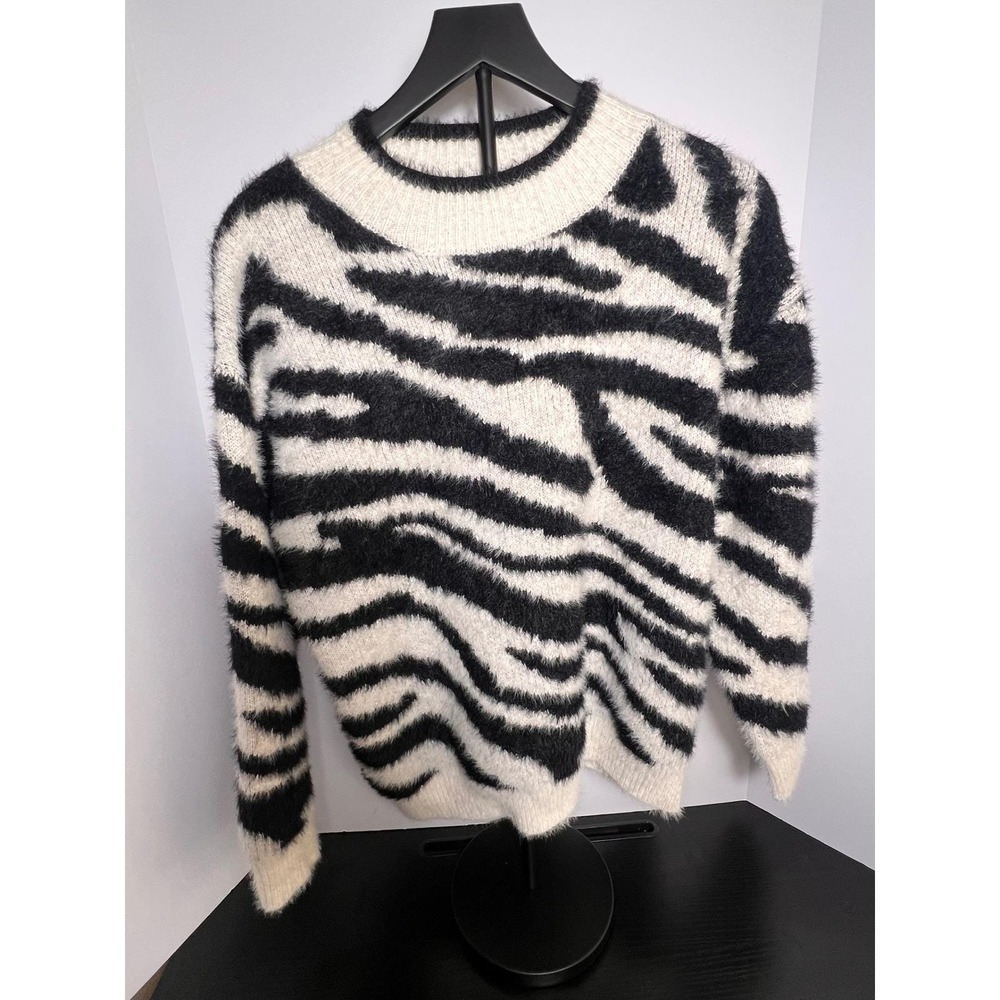 Vintage Lambo Zebra Print Fuzzy‎ Pullover Sweater Womens Medium Crew Neck Casual